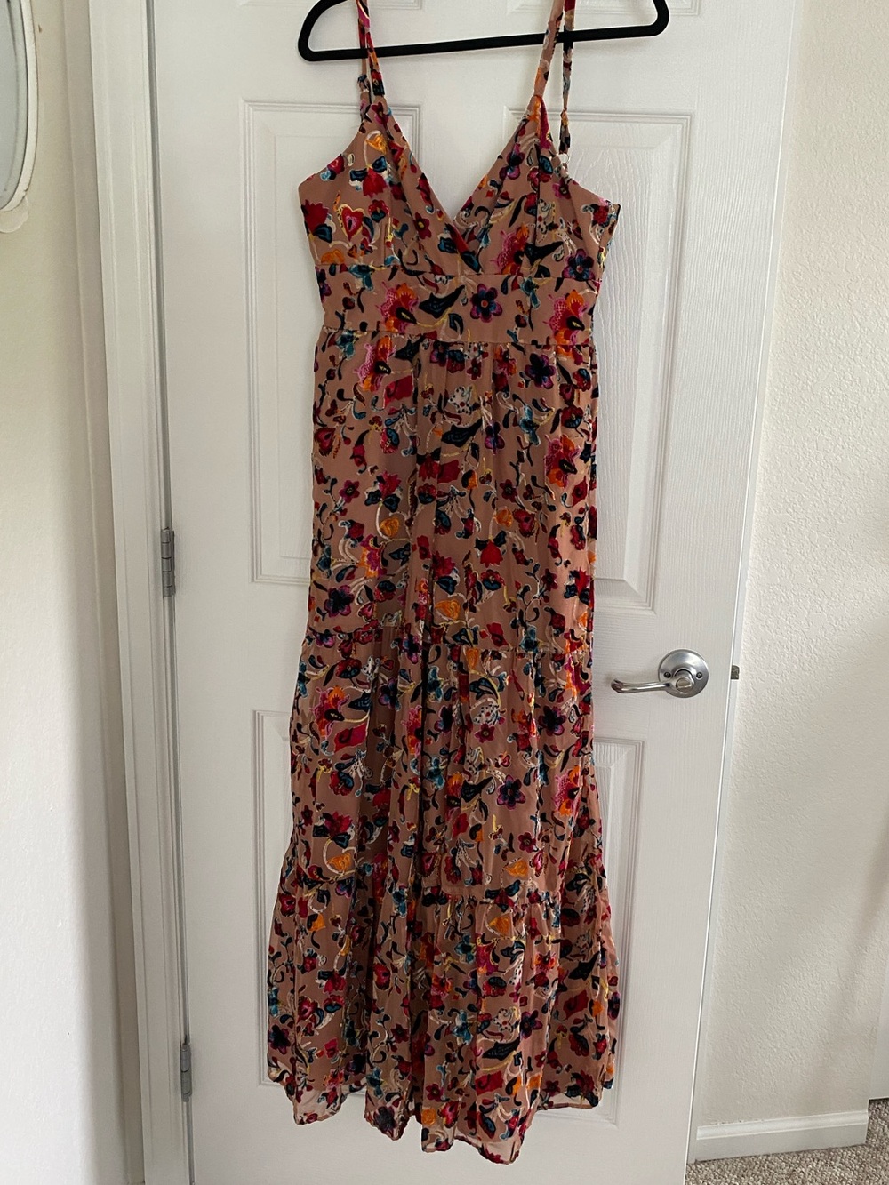 Hutch Anthropologie Floral V-Neck Spaghetti Strap Maxi Jumpsuit- Tan